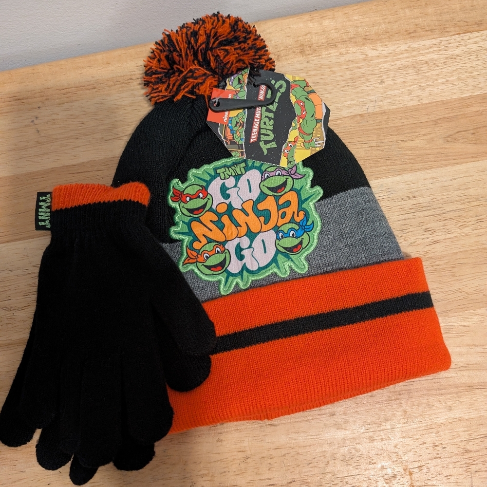 Kids Beanie and Gloves Set - Black and Orange TMNT Brand New With Tag from Mad E